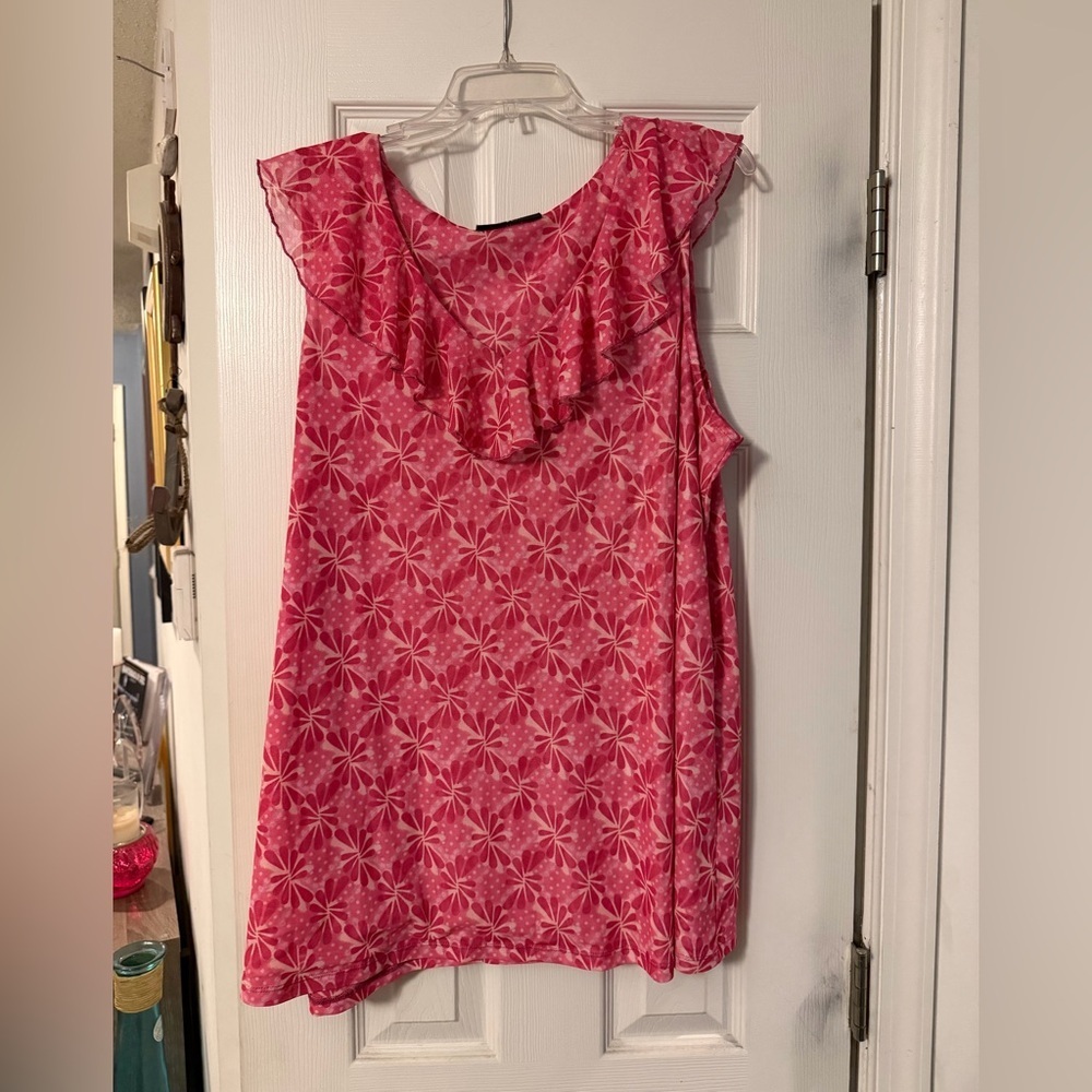 Lane Bryant Pink Floral Ruffle Neck Tank Top